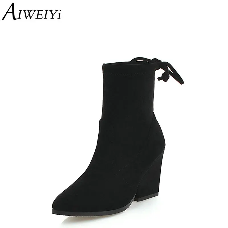 

AIWEIYi Black Ankle Boots for Women Pointed toe Square Heel High Heels Shoes Woman Lace Up Martin Boots Short Botas