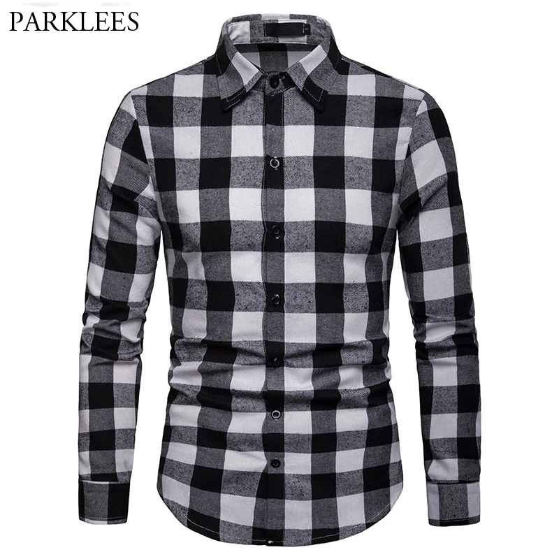 

White Black Plaid Checked Men Shirt Long Sleeve Slim Fit Mens Dress Shirts Casual Classic Contrast Big Plaid Camisas Hombre 2XL