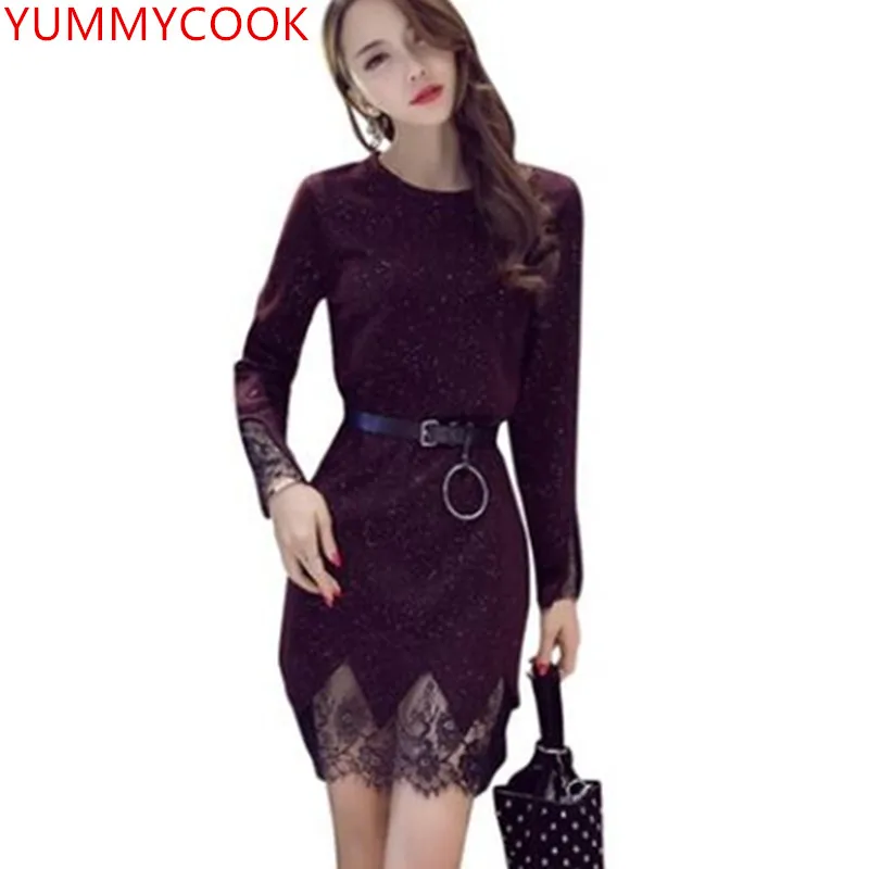 YUMMYCOOK сшитое кружевное трикотажное платье с длинными рукавами тонкий свитер