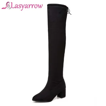 

Lasyarrow Women's Slim Knee High Boots Sexy Fashion Elastic Bootie Chunky High Heels Knight Knee Bootines Mujer Size 34-43 Q210