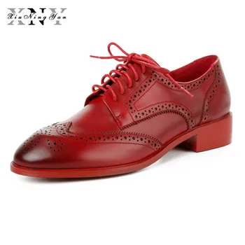 

XiuNingYan Luxury Brand Women Shoes Genuine Leather Women Flat Shoes Lace-up Fashion Handmade Woman Casual Oxfords Driving Shoes