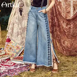 ARTKA Раннее лето Новинка для женщин Ретро Национальный вышивка разделение натуральная Талия свободные широкие брюки джинсы KN10281C