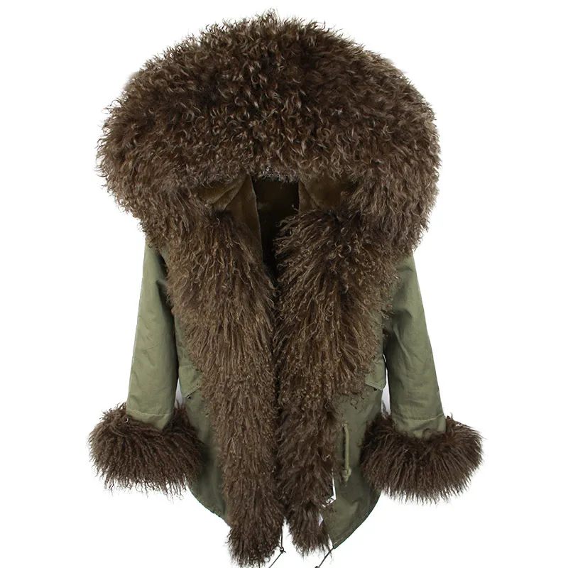 Брендовая стильная зимняя куртка женская новая длинная парка пальто из натурального меха большой енот меховой воротник с капюшоном парки толстая верхняя одежда - Цвет: Mongolia Sheep Fur19