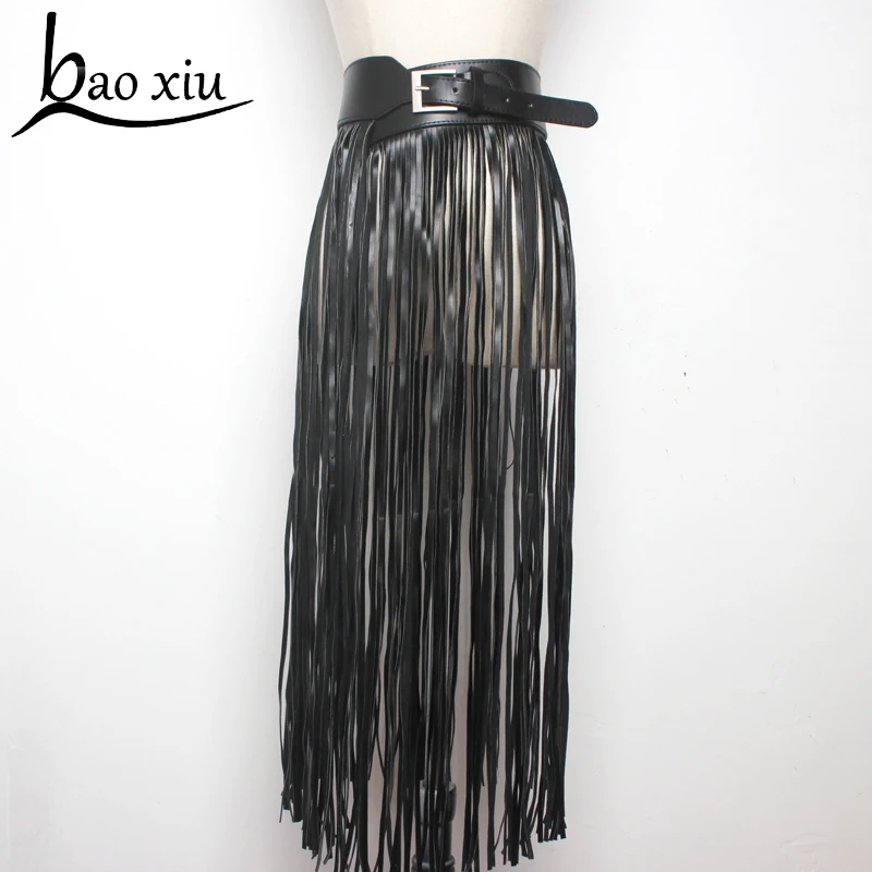 Sexy long fringe leather belts Black Designer ceinture femme Punk Silver Pin Buckle Plus size Tassel Belt Corset Straps women