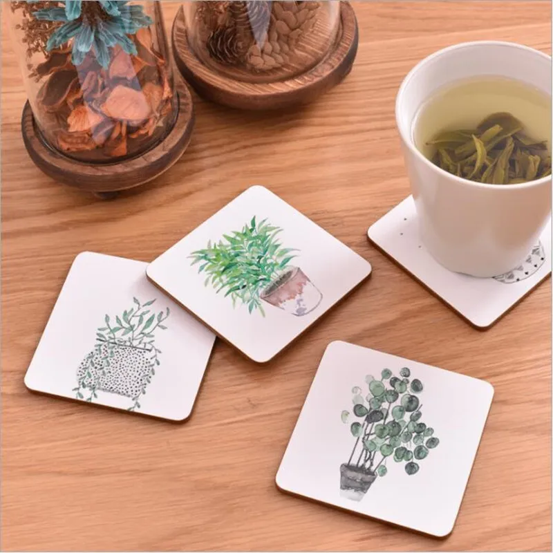 

CFen A's Green Plant Wood Coaster Cup Pad Non-slip Heated Mat Coffee Tea drink Coasters Brand Mat+Wood Stand 6pcs/lot