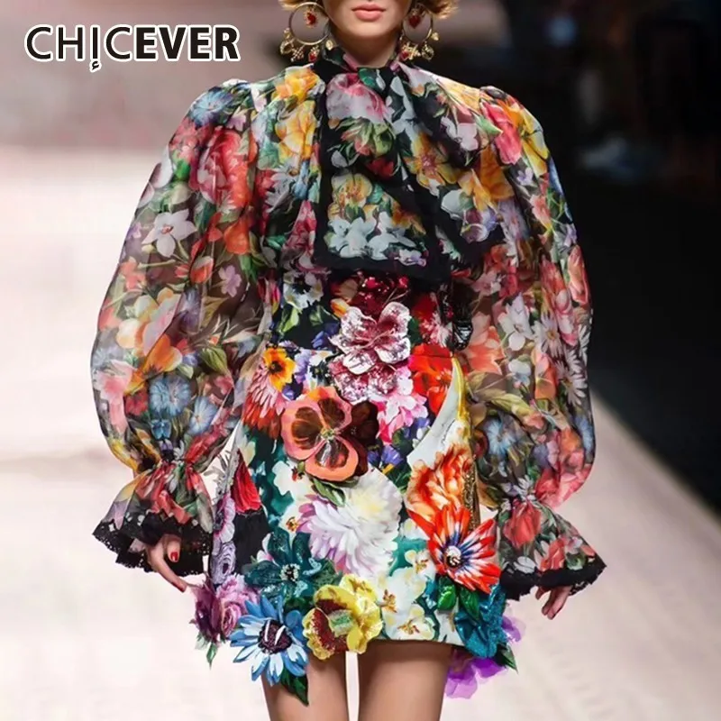 

CHICEVER Summer Vintage Print Patchwork Appliques Lace Women's Blouse Bow Collar Flare Sleeve Loose Female Shirt 2019 Fashion