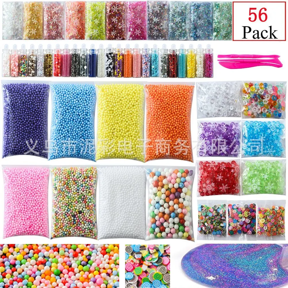

56 Pack Slime Making Kit Colorful Foam Ball Granules Flat Beads Gold Powder Candy Paper Polymer Clay Set Children's DIY Material