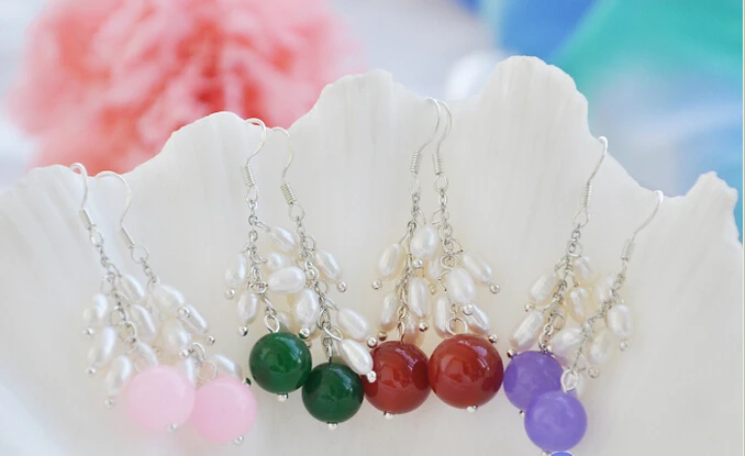 

Free shipping@@@@@ S1126 Wholesale 10mm round jade white rice pearl Grape dangle earring 4pair 6.10