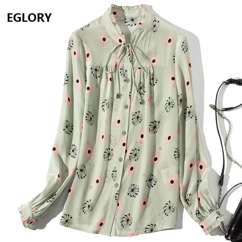 

New 2019 Spring Summer Fashion Blouses Women Ruffled Collar Bow Tie Elegant Print Long Sleeve Tops Blouse Ladies 100% Silk Shirt