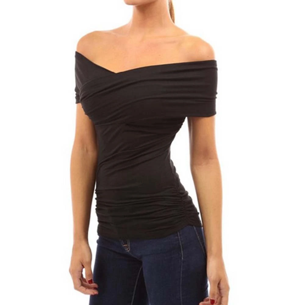 Summer New European And American Women's Crossover Backless Pleat Short-Sleeved Slinky Sexy T-Shirt L/XL Summer New European And American Women's Crossover Backless Pleat Short-Sleeved Slinky Sexy T-Shirt L/XL