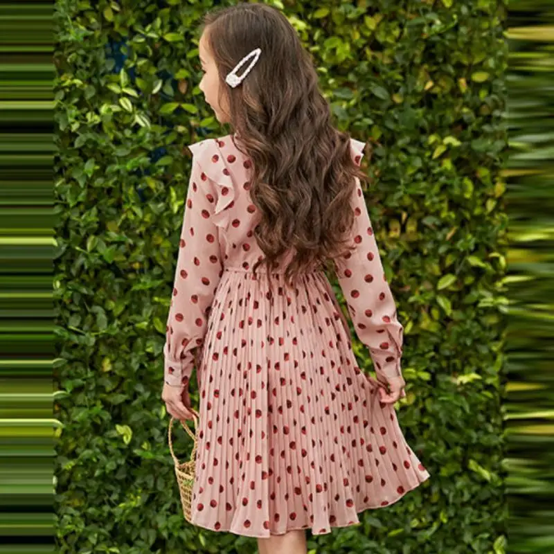 Г. Весеннее Модное шифоновое плиссированное платье для девочек-подростков Детские платья в горошек с оборками для девочек, одежда для маленьких девочек Vestidos S08