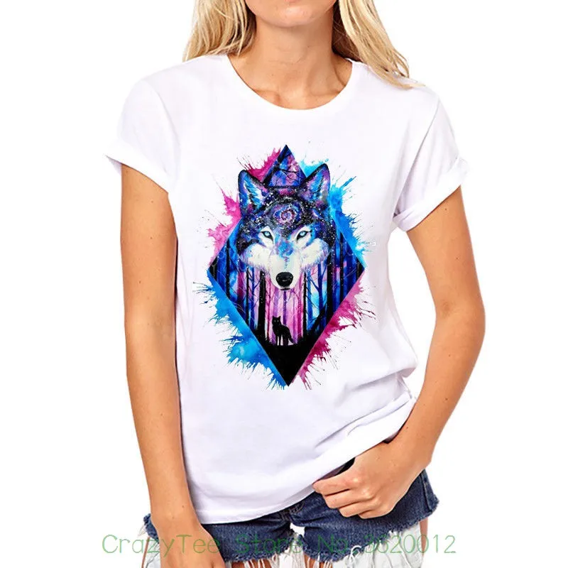 

Women's Tee Watercolor Wolf Cosmic Night Cosmos Spirit Stars Funny Joke Women White T Shirt Lady Fantastic