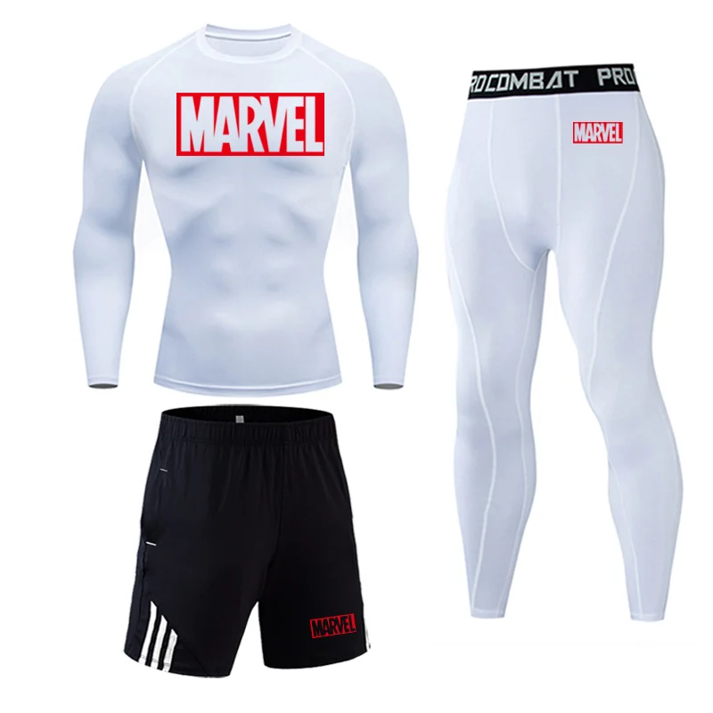 Бренд MARVEL мужской компрессионный комплект MMA футболка с длинными рукавами мужские узкие брюки Одежда для фитнеса и бодибилдинга Рашгард спортивный костюм - Цвет: 3-piece set