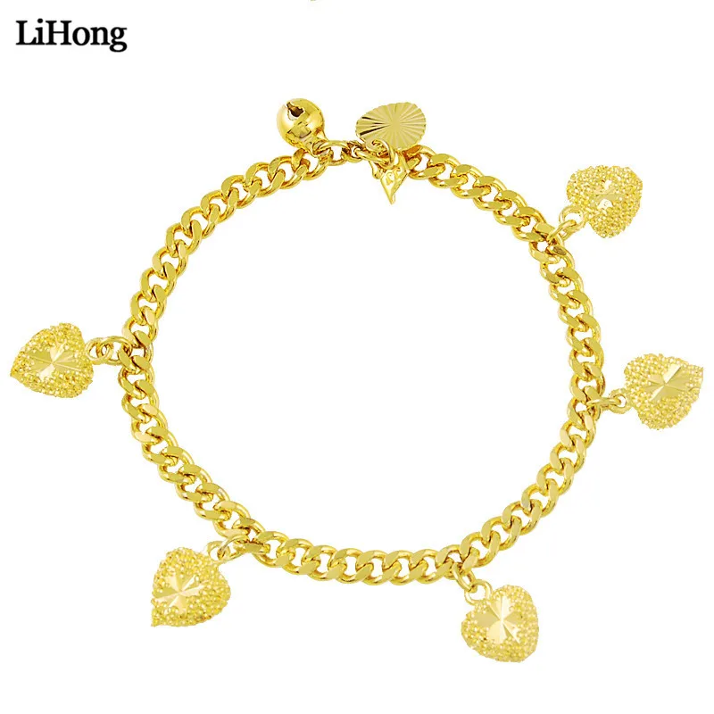 24 k золото Цвет Браслет кубинская цепь браслет с кулоном сердце для женщин Мода горячая распродажа ювелирные изделия подарок