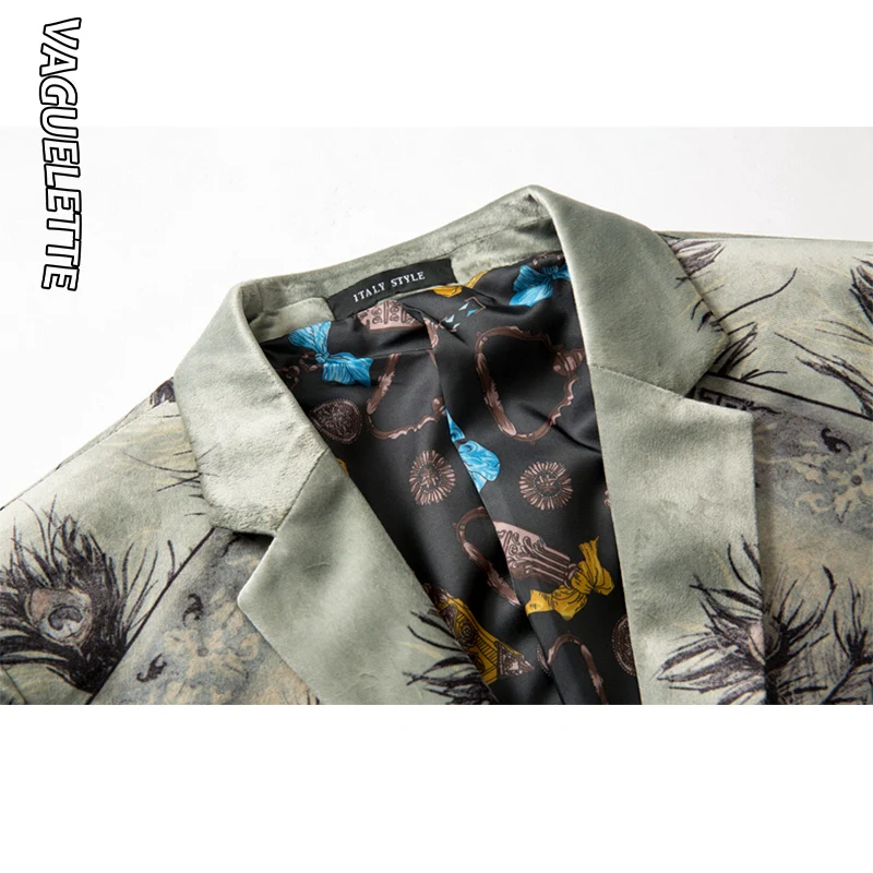 VAGUELETTE Elegant Peacock Print Blazer Men Luxury Men's Fashion Blazer Slim Fit Wedding Party Stage Clothes Singers Coat Men