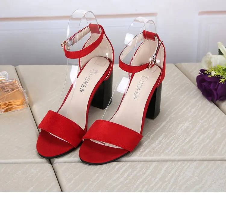 Летние красные открытые женские туфли-лодочки; сандалии на высоком толстом каблуке с ремешком на щиколотке; Sandalias Mujer; модные сандалии; женская обувь для вечеринок; Размеры 35-40