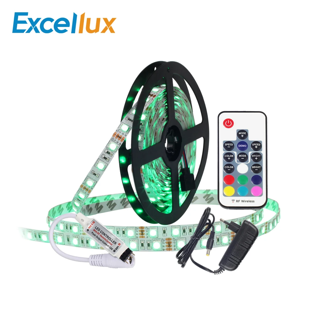 buy 12V 5M LED Strip No Waterproof 5050 RGB LED Strip set 60LEDs m with 17Key RF Controller+DC12V 3A EU US Adapter RGB LED Strip SET