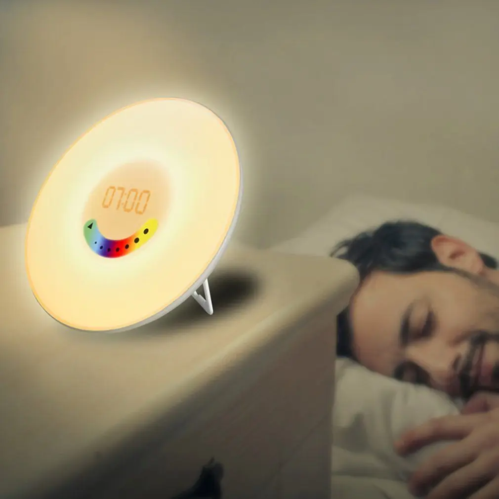 

Creative Colorful Bedroom Wake Up RGB LED Sunrise Simulation Radio Alarm Clock Light Add Snooze Mode FM Music
