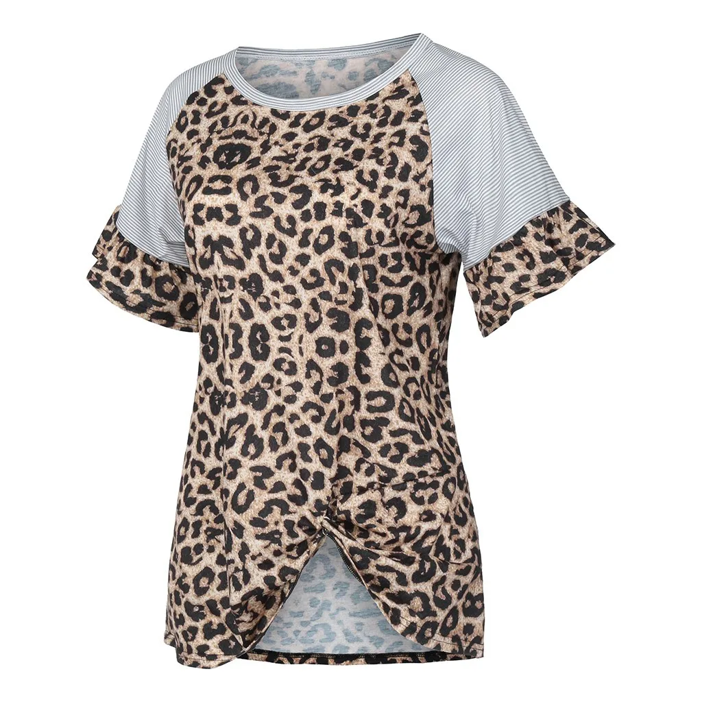 Модная женская футболка женская с круглым вырезом короткий рукав полосатый Леопардовый принт пэтчворк бабочка рукав Простые Топы летняя рубашка