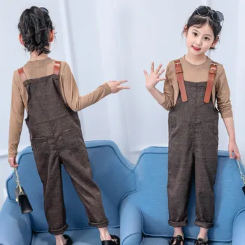 

Girl Overall Set Tops T-shirt + Bib Suspender Pants Outfits Set Costume 5-13 Year Old Children Clothing Set Coffee Brown Color