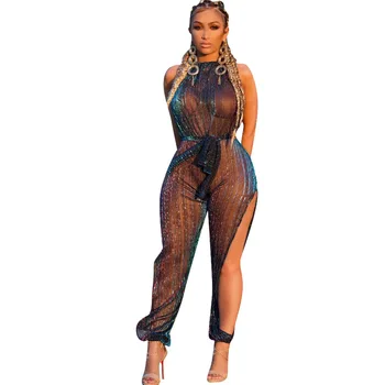 

Spring Summer Women Jumpsuit Bodycon Playsuit Bodysuit Overalls Rompers Plus Size Sleeveless Mesh Jumpsuits with Belt Sexy
