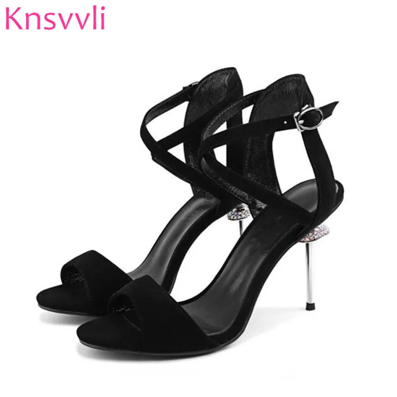 

Knsvvli New Peep toe Crystal Iron Heel Women Pumps Black Kid Suede Ankle Buckle Strap Gladiator Sandals Woman High Heels Shoes