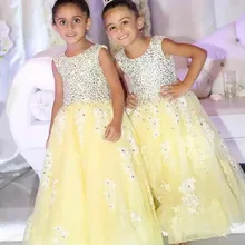 Принцесса желтый Платье в цветочек для девочек линии шеи экипажа Бисер для девочек карнавальное платье для официального приема носит для свадьбы Вечерние Платье