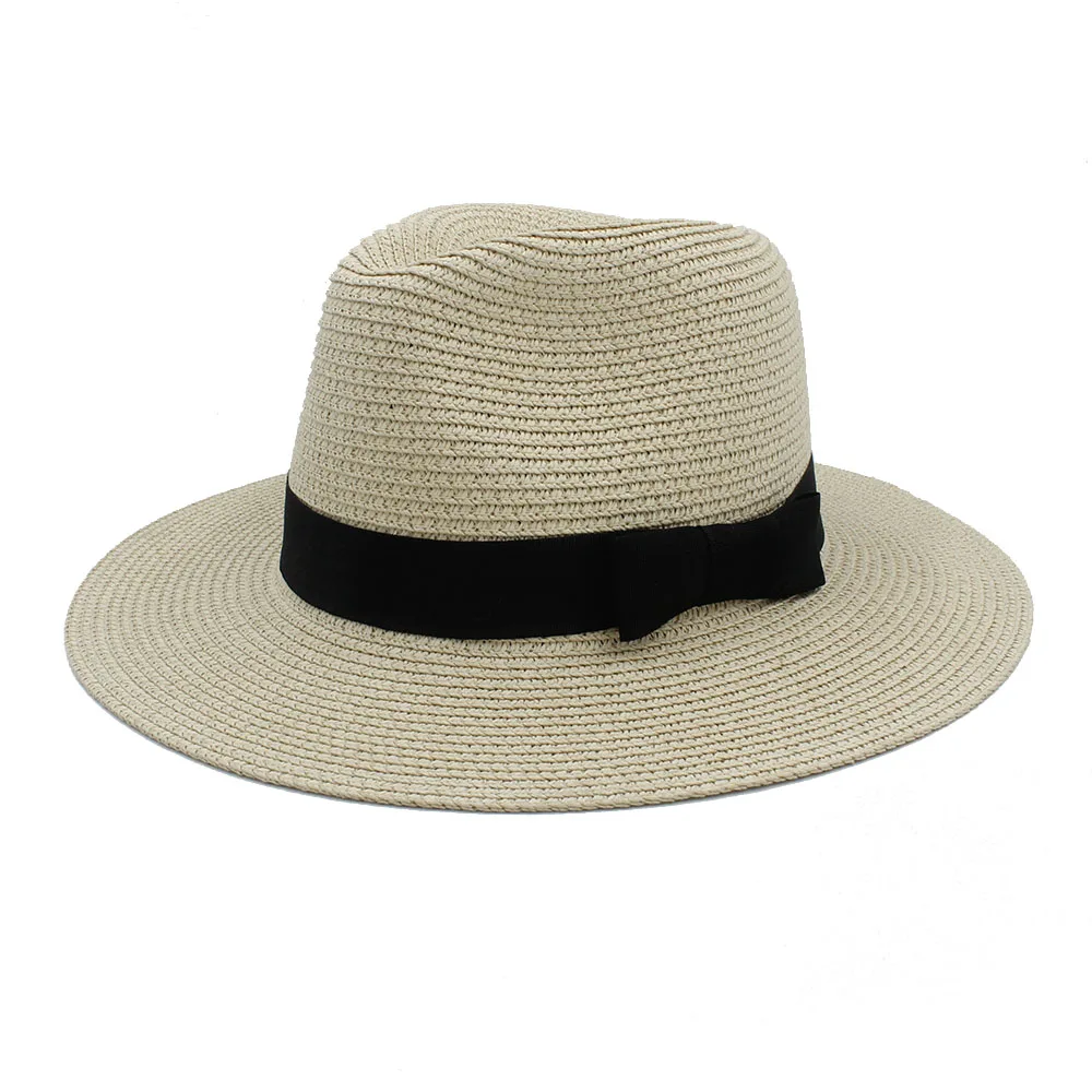 LUCKYLIANJI Летняя Пляжная Повседневная стильная модная мягкая соломенная шляпа-Панама для женщин и мужчин, регулируемые кепки для путешествий с черной лентой