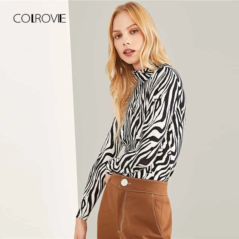 COLROVIE الأسود والأبيض عالية الرقبة زيبرا طباعة طويلة الأكمام مثير تي شيرت المرأة 2018 الخريف Highstreet ضئيلة قمم المحملة ملابس حريمي