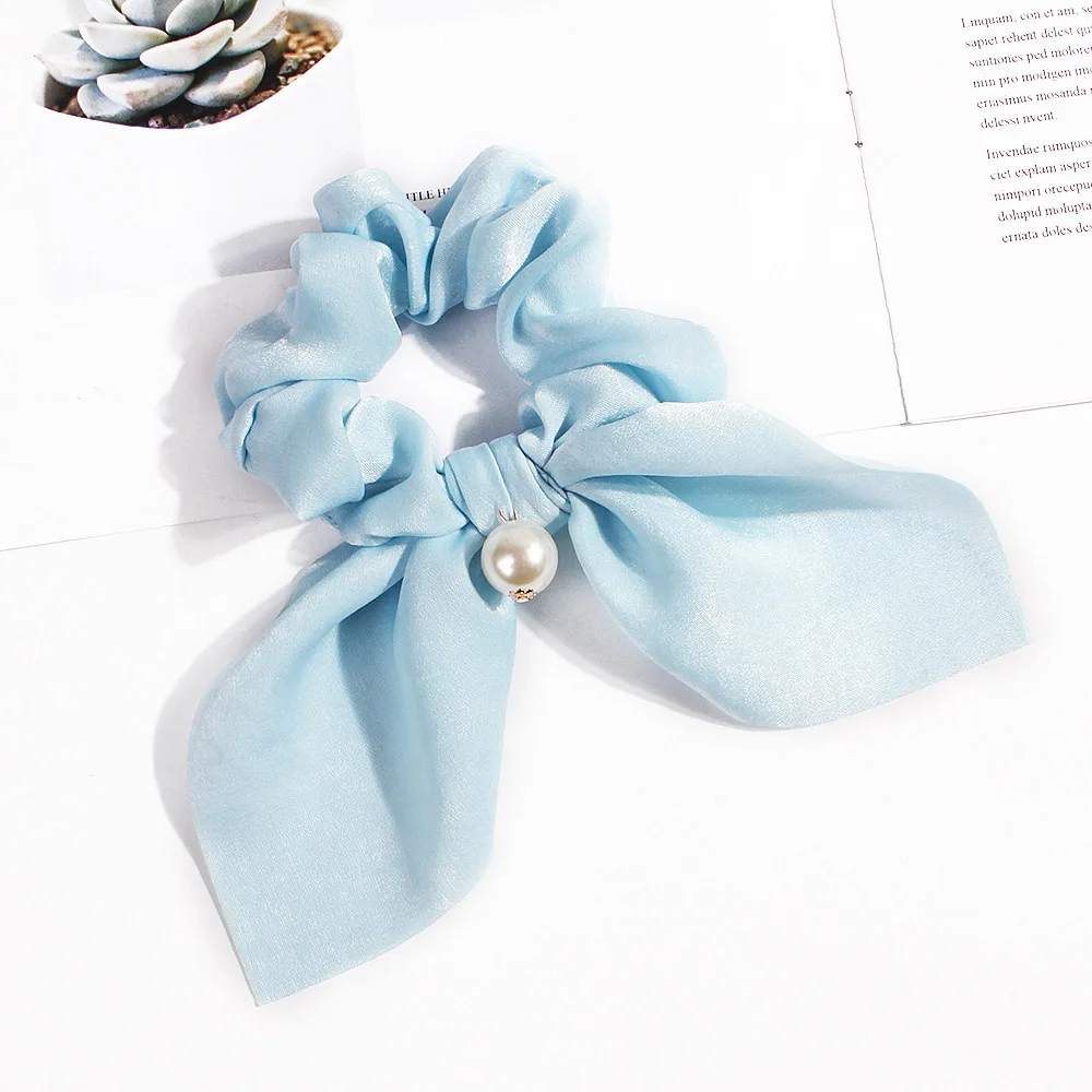 Pearl Blue Новинка, шифоновые эластичные резинки для волос с бантом для женщин и девочек, резинки для волос с жемчугом, резинки для волос, резинки для волос с конским хвостом, аксессуары для волос - Цвет: Pearl Blue