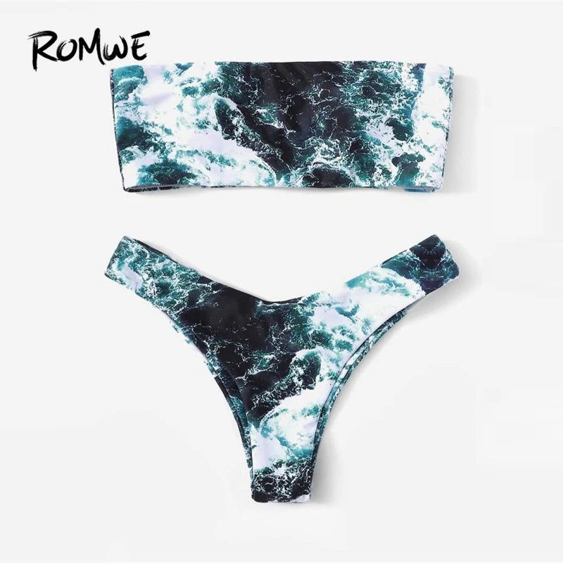 Romwe, спортивный сексуальный комплект бикини, с мраморным принтом, бандо с высокой посадкой, купальник для женщин, летний, пляжный, без косточек, Мягкий купальник