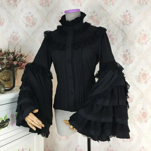 

Gothic Women's Thick Chiffon Blouse Dramatic Hollow Out Flare Sleeve Ruffled Shirt