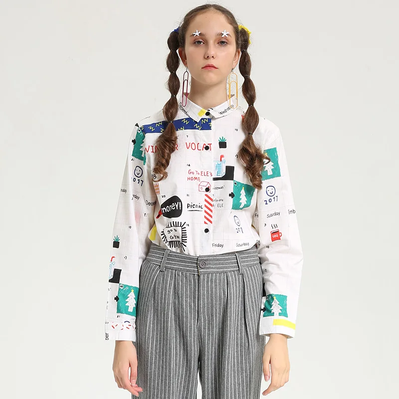 

High Quality Fashion Women Long-sleeved Blouse Autumn Spring New Digital Printing Graffiti Harajuku Playful Shirts Female Cute