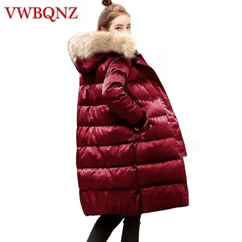 

High-grade Warm Women 2018 Winter Large Fur Collar Long Coat Slim Down cotton Overcoat Solid Casual Female Jacket