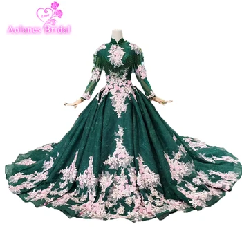 

Two Piece Jacket Green Muslim Prom Dresses Long Sleeves High Neck Beaded Lace Appliques Princess Arabic Ball Gown Prom Gowns