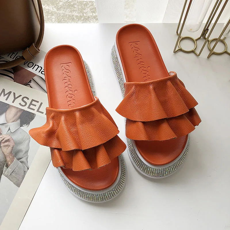 

Rhinestone Platform Slippers Female Summer Shoes Fashion Leather Ruffles Slipper Thick Sole Open Toe Home Outdoor Beach Slides