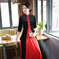 Осень для женщин бархат Cheongsam винтаж китайский стиль платье плюс размеры M-3XL воротник стойка Qipao черный 2 шт. костюм Длинные Vestidos