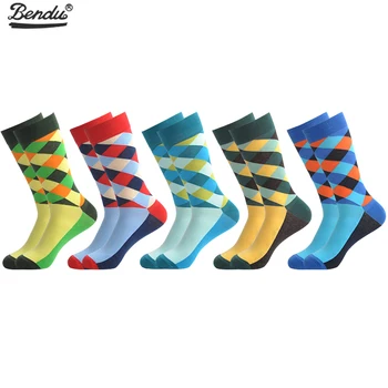 

BENDU 5 Pairs/Lot Men's Socks Stripe Fashion Funny Colorful Long Socks Combed Cotton Happy Wedding Socks Casual Business Dress