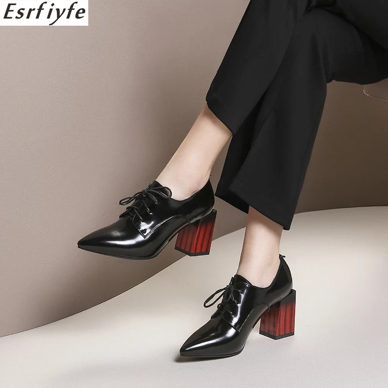 

ESRFIYFE Women Thick Heels Pumps Deep Mouth Lace Up Shoes For Women Patent Leather Lady Handmade Retro Style Pumps
