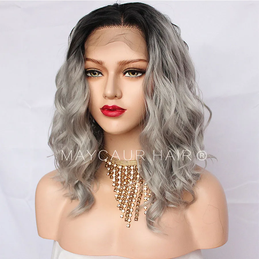 Maycaur Hair Lace Front Synthetic Wigs Short Curly Heat Resistant Hair Black Gray Wig with Baby Hair for Women ( B (6)