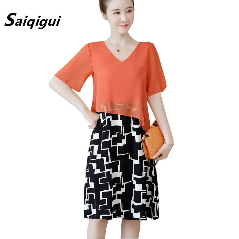 

Saiqigui 2019 fashion Spring Summer dress women casual Loose plus size L-5XL elegant A-line Chiffon dresses vestidos robe femme