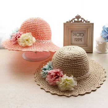 

10pcs free shipping/2017-K095 summer flower straw handwork knittin girl kids bucket hat children Outdoor leisure cap