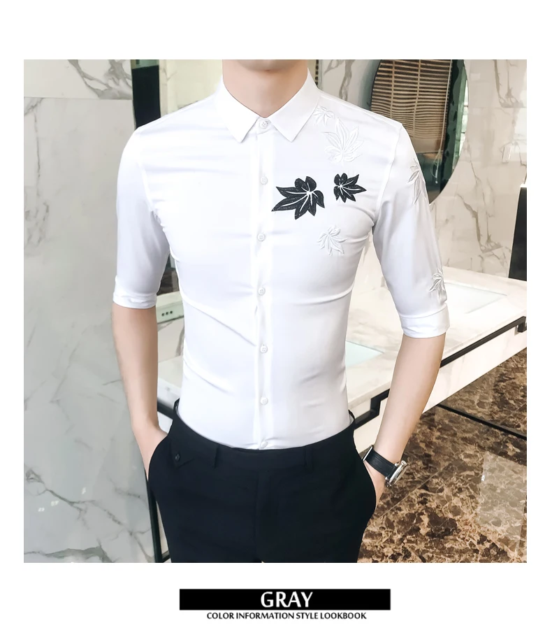 2019 Мужская рубашка с вышивкой высокого качества Camisa Masculina Blcak белая рубашка с коротким рукавом ночной клуб Chemise Homme уличная