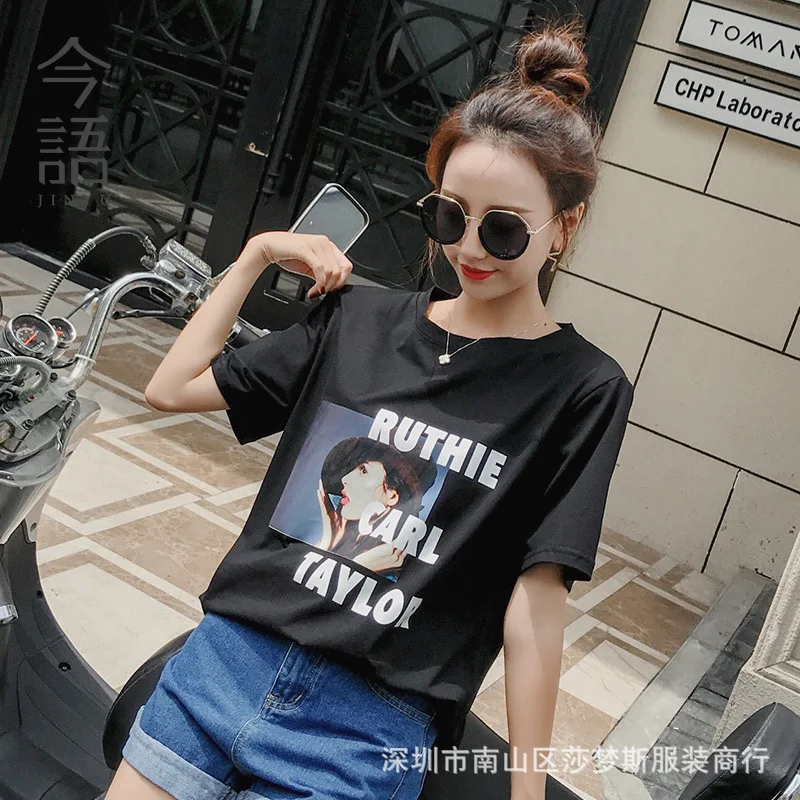 التطريز t قمصان t قميص فضفاض س الرقبة camiseta النساء السود قمم تي شيرت المرأة المحملة قميص فام 2019 القطن camisetas