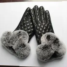 Брендовые дизайнерские женские варежки теплые и элегантные черные зимние перчатки из натуральной кожи с натуральным кроличьим мехом AG-4