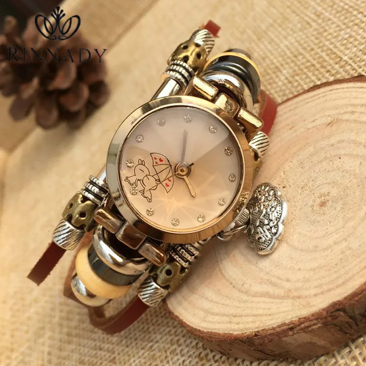 Модные женские часы в этническом стиле ретро с кожаным ремешком браслет с кулоном Сердце кварцевые часы relogio feminino - Цвет: 1