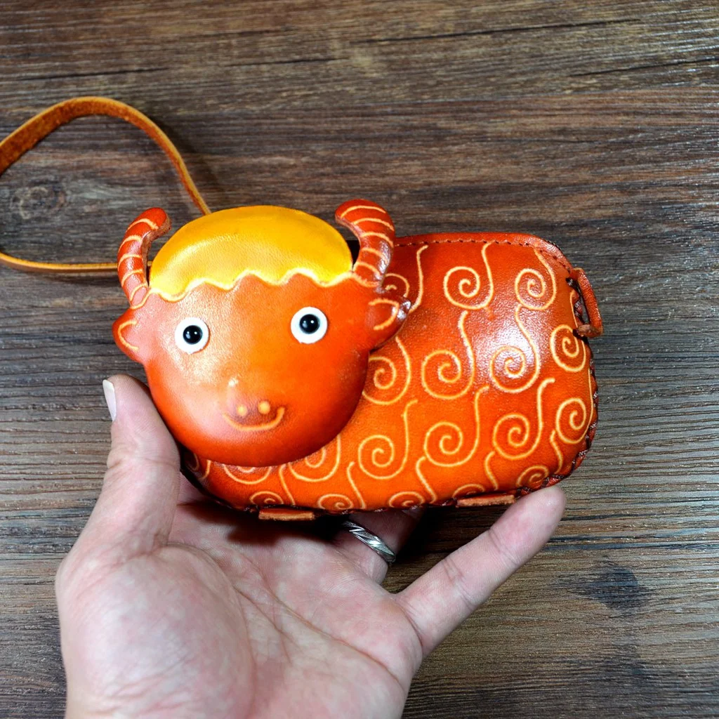 Handmade cowhide coin purse Zodiac sheep bag genuine