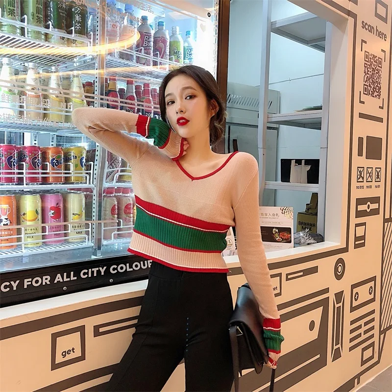 

Lychee Girls Hit Color Striped Women Crop Sweaters V Neck Long Sleeve Female Thin Sweater Spring Autumn Vintage Sweet Sweaters
