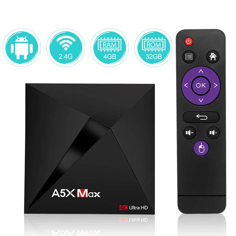 Акция-Android Tv Box A5X Max 4 Гб Ram 32 ГБ Rom Rk3328 четырехъядерный Bluetooth 4,0 2,4G/5,8G двухдиапазонный Wifi Hd телеприставка Dlna