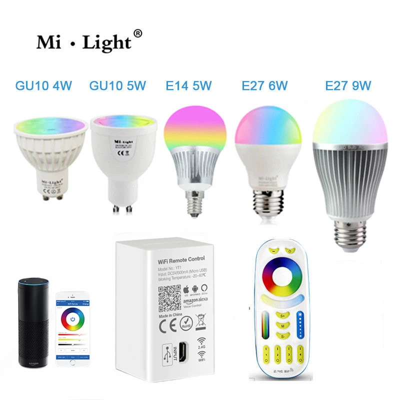 Milight 2 4G светодио дный лампы MR16 GU10 E14 E27 лампа Smart 4 W 9 12 ССТ/RGBW/RGBWW/RGB + CCT Light & РФ Alexa Wi Fi